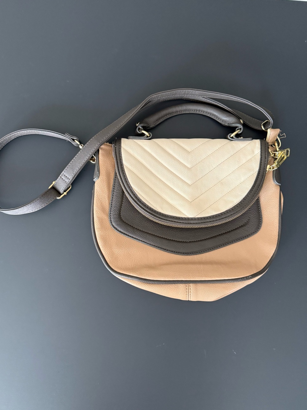 Steve Madden Tri-Panel Leather Crossbody — Cream, Brown, Tan